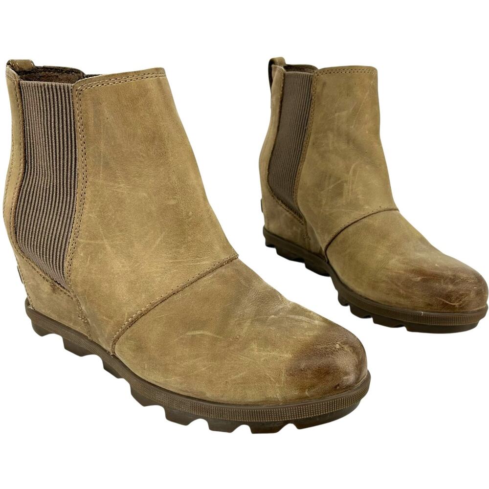 Women's Tan Leather SOREL Joan Of Arctic Wedge II Chelsea Bootie 10M NL3022-240